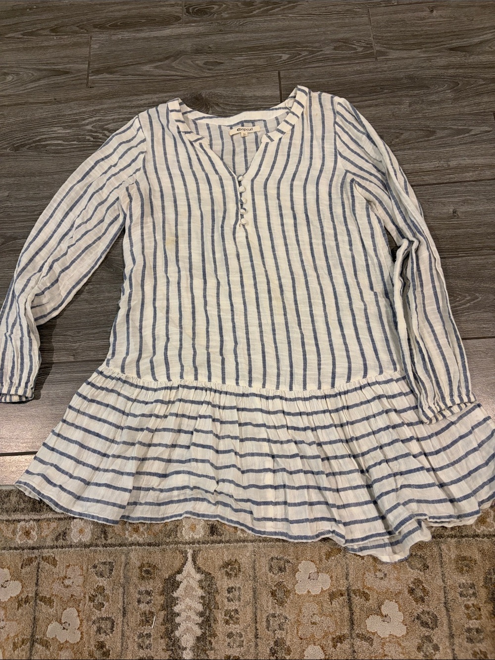 Rip Curl White and Blue Striped Long Sleeve Tunic Dress with Ruffle Hem